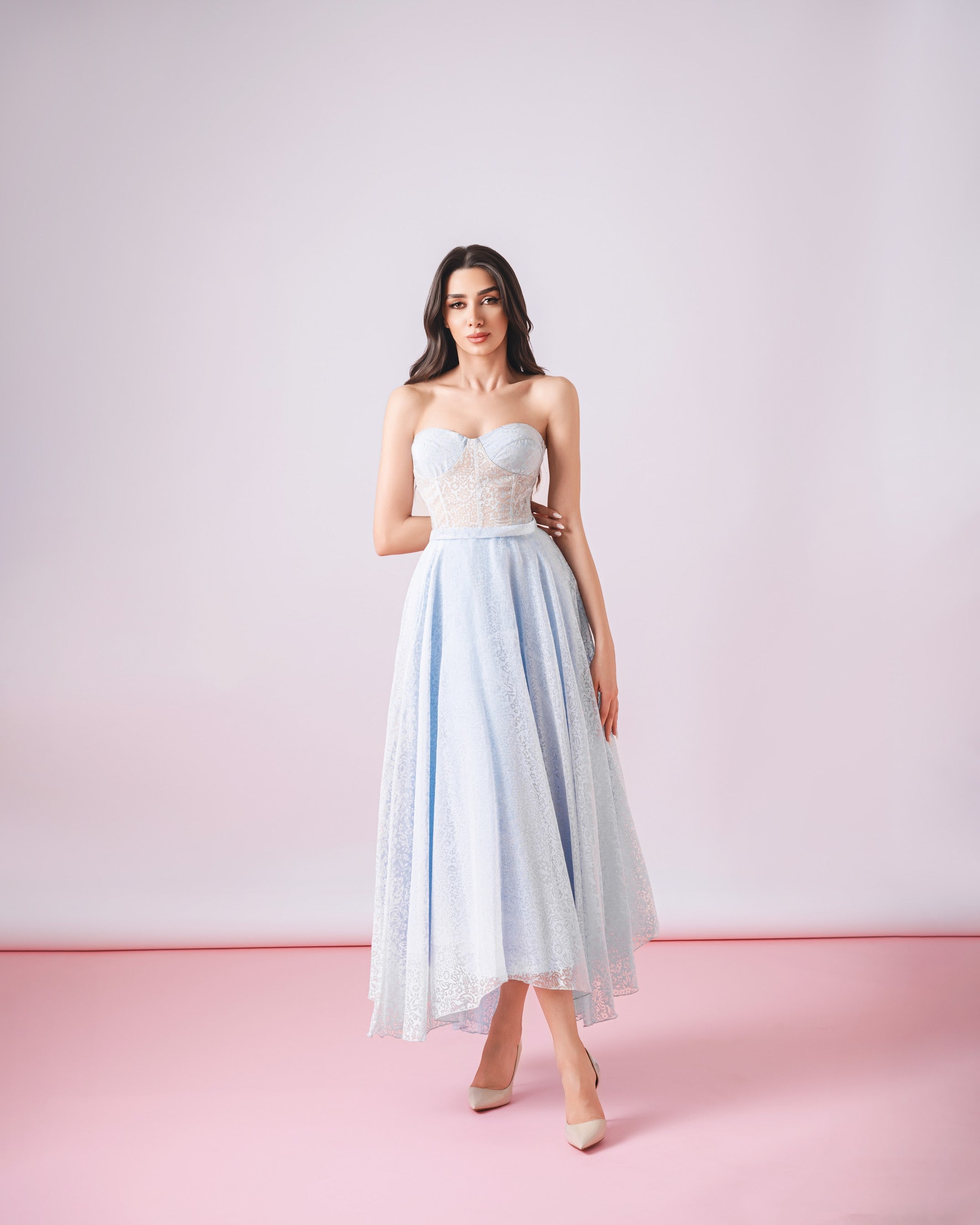 knee length dresses for ladies Hattie Dress in Cornflower Blue Lace main image 0