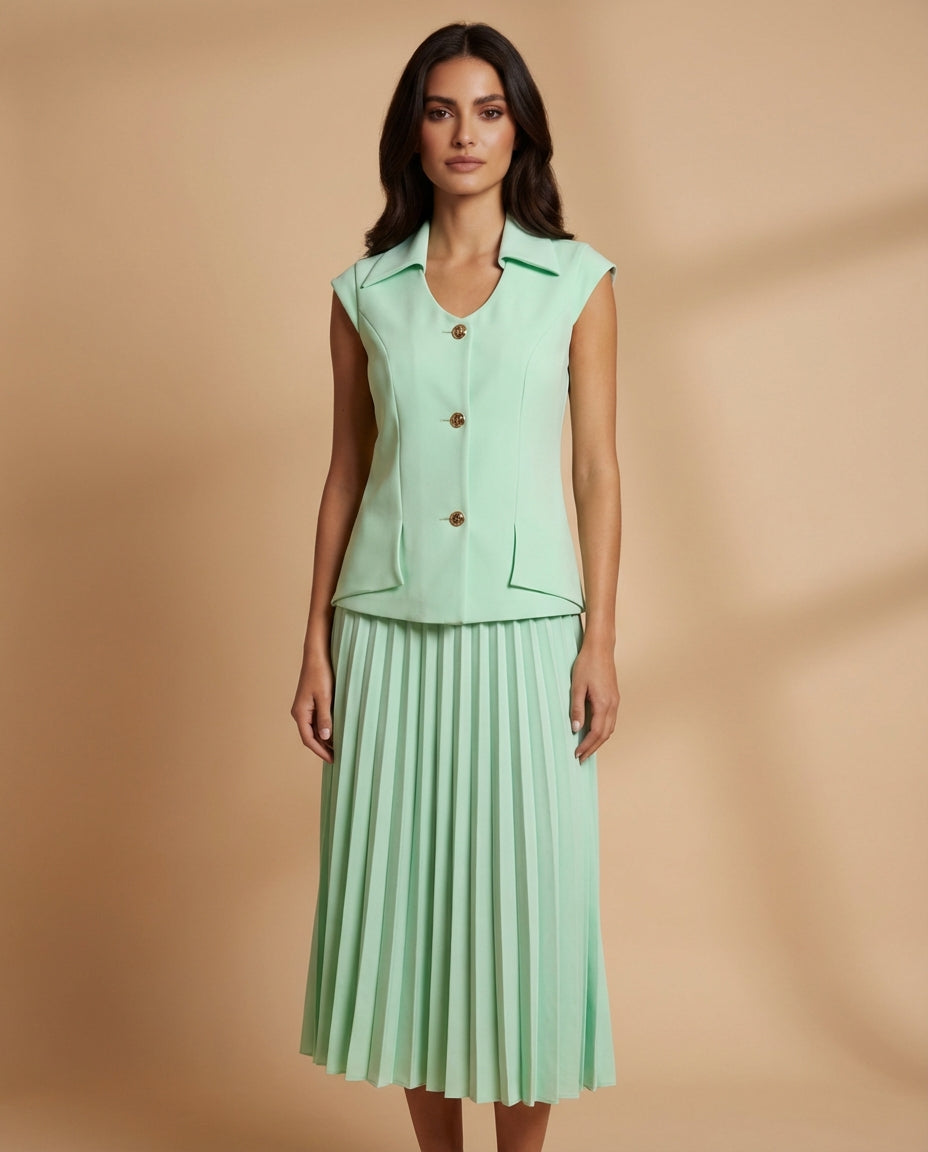 Suit Set:  Gilet & Pleated Midi Skirt