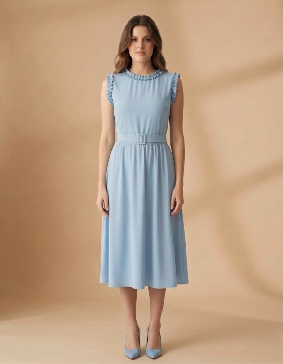 Light Blue Ruffled Dress with Belt