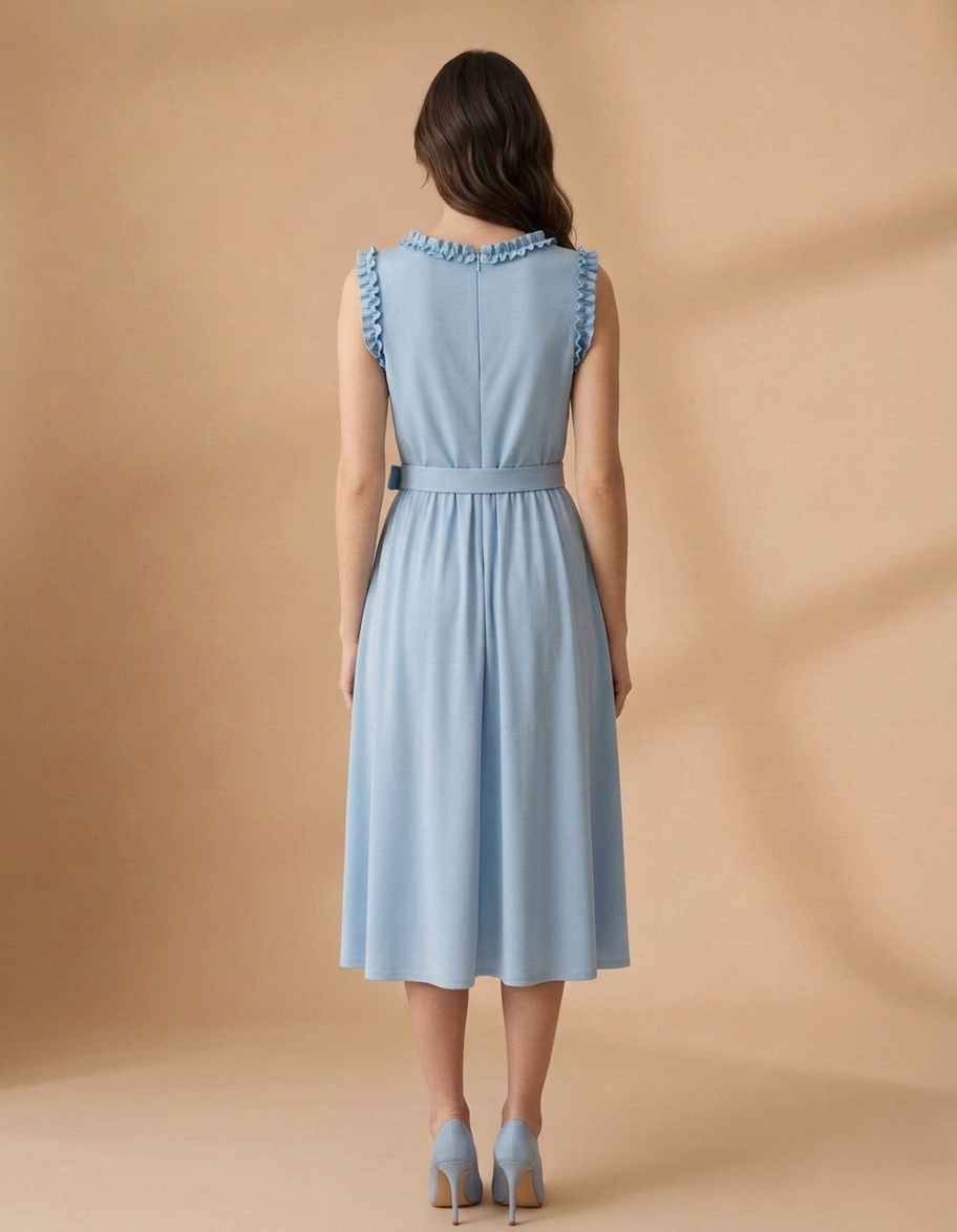 Light Blue Ruffled Dress with Belt