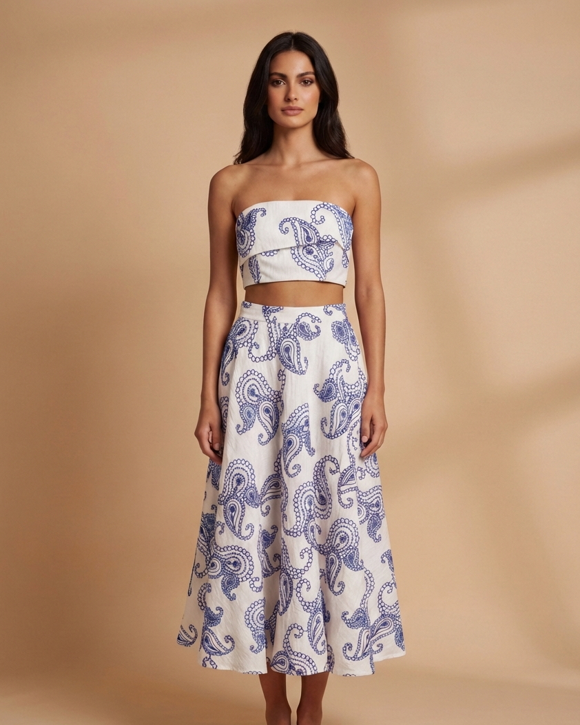 Two Piece Set: Strapless Cropped Top & Flared Midi Skirt