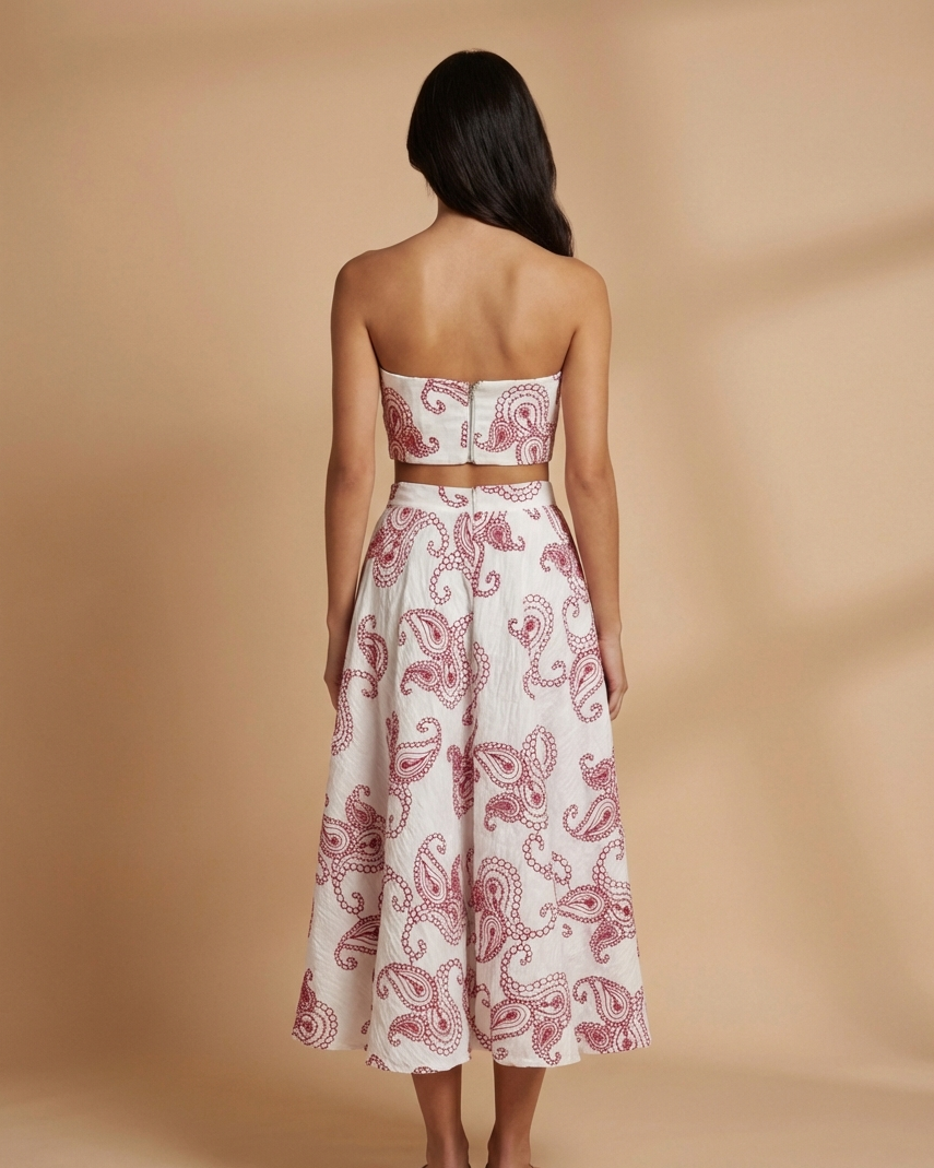 Two Piece Set: Strapless Cropped Top & Flared Midi Skirt