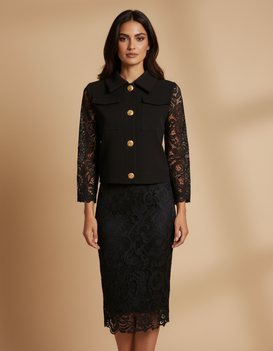 Black Guipure Jacket and Skirt Ensemble