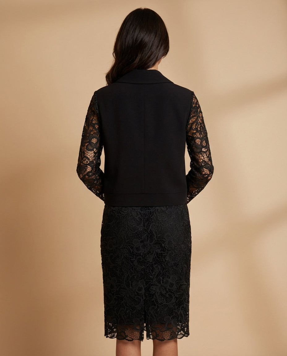 Black Guipure Jacket and Skirt Ensemble