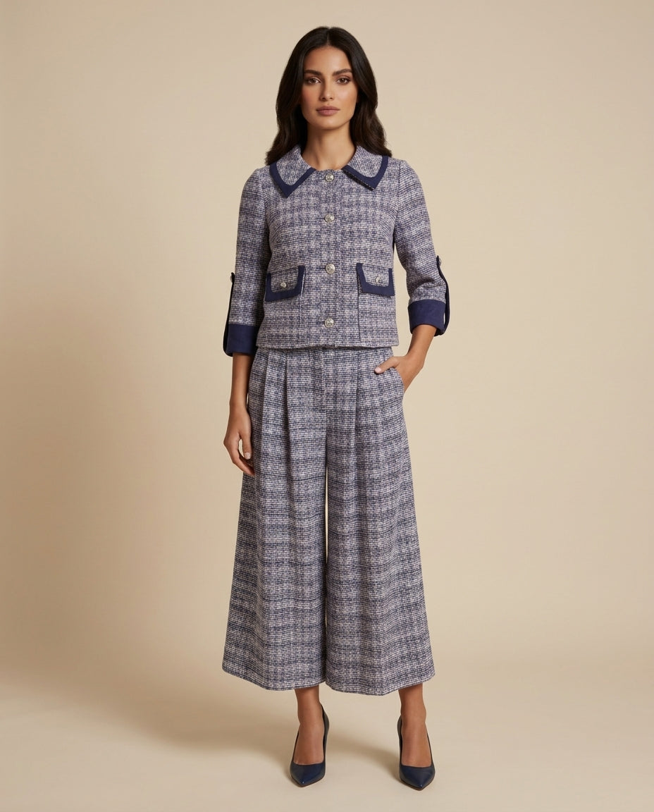 Textured Tweed Set: Cropped Jacket & Wide-Leg Pants