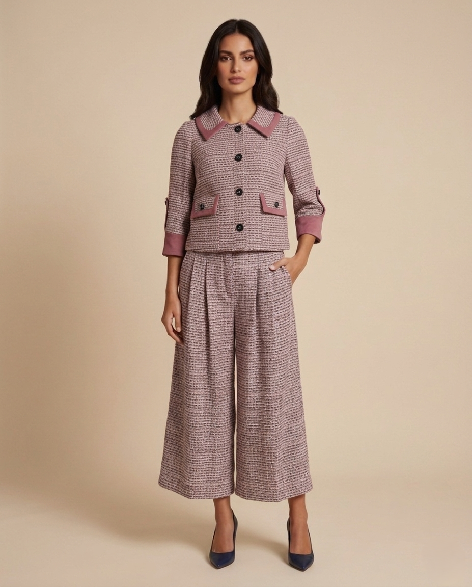 Textured Tweed Set: Cropped Jacket & Wide-Leg Pants