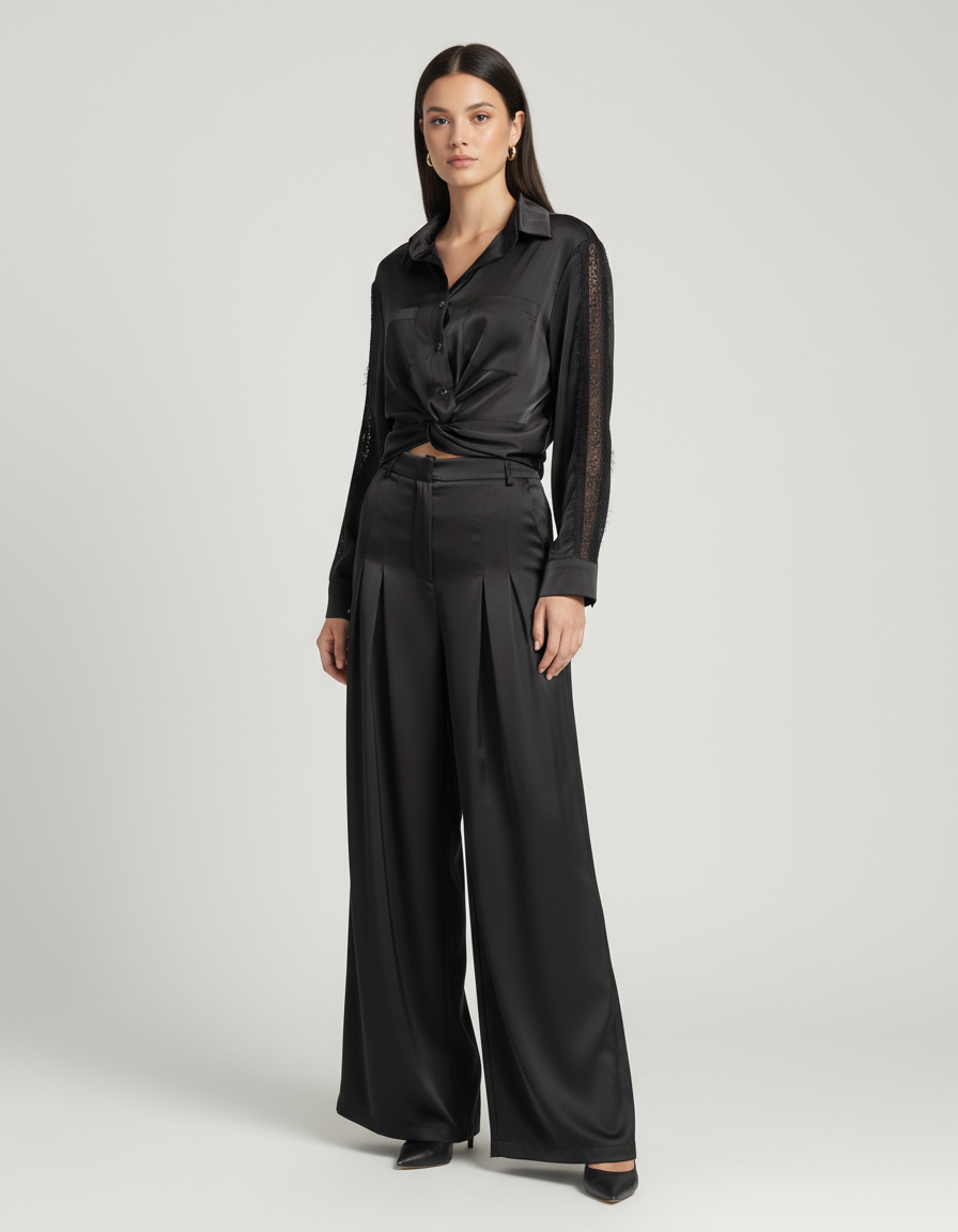 Satin Shirt & Wide-Leg Trouser Set