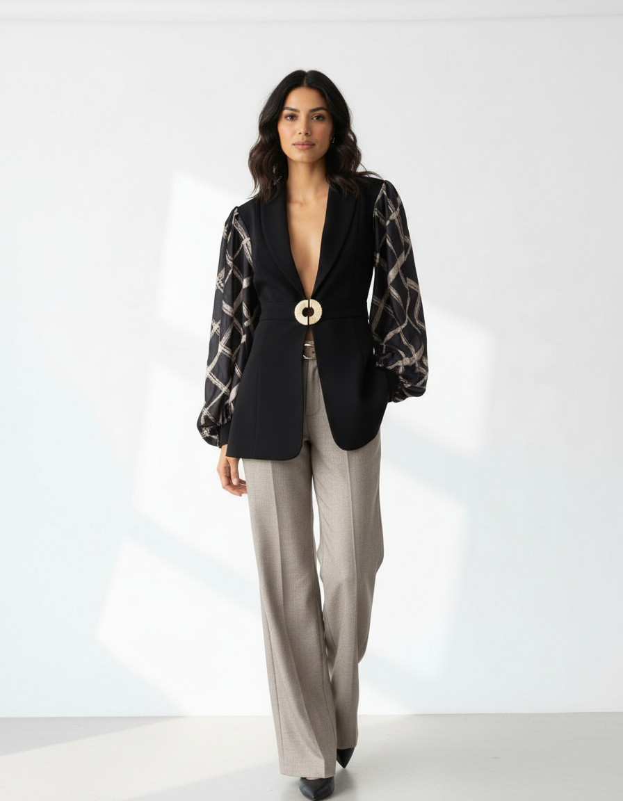 Black Tailored Blazer with Sheer Printed Sleeves
