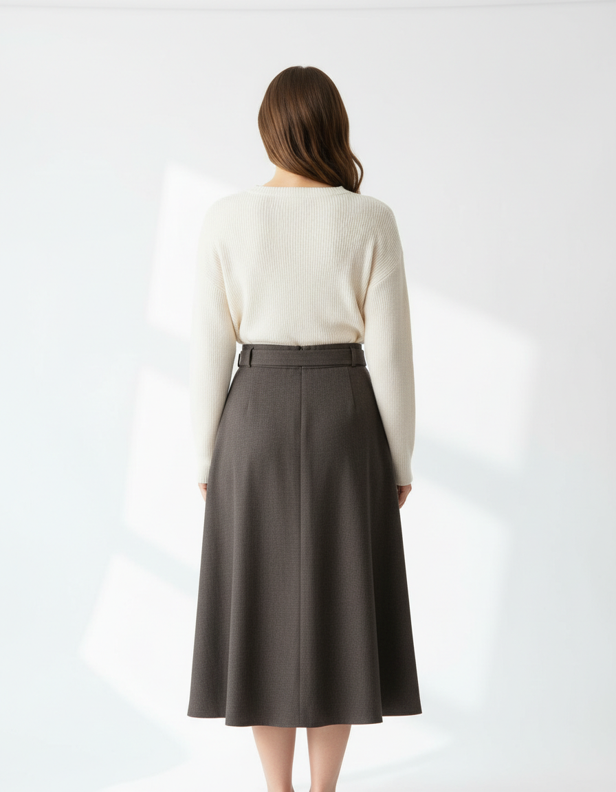 Brown Pleated Midi Skirt with Belt