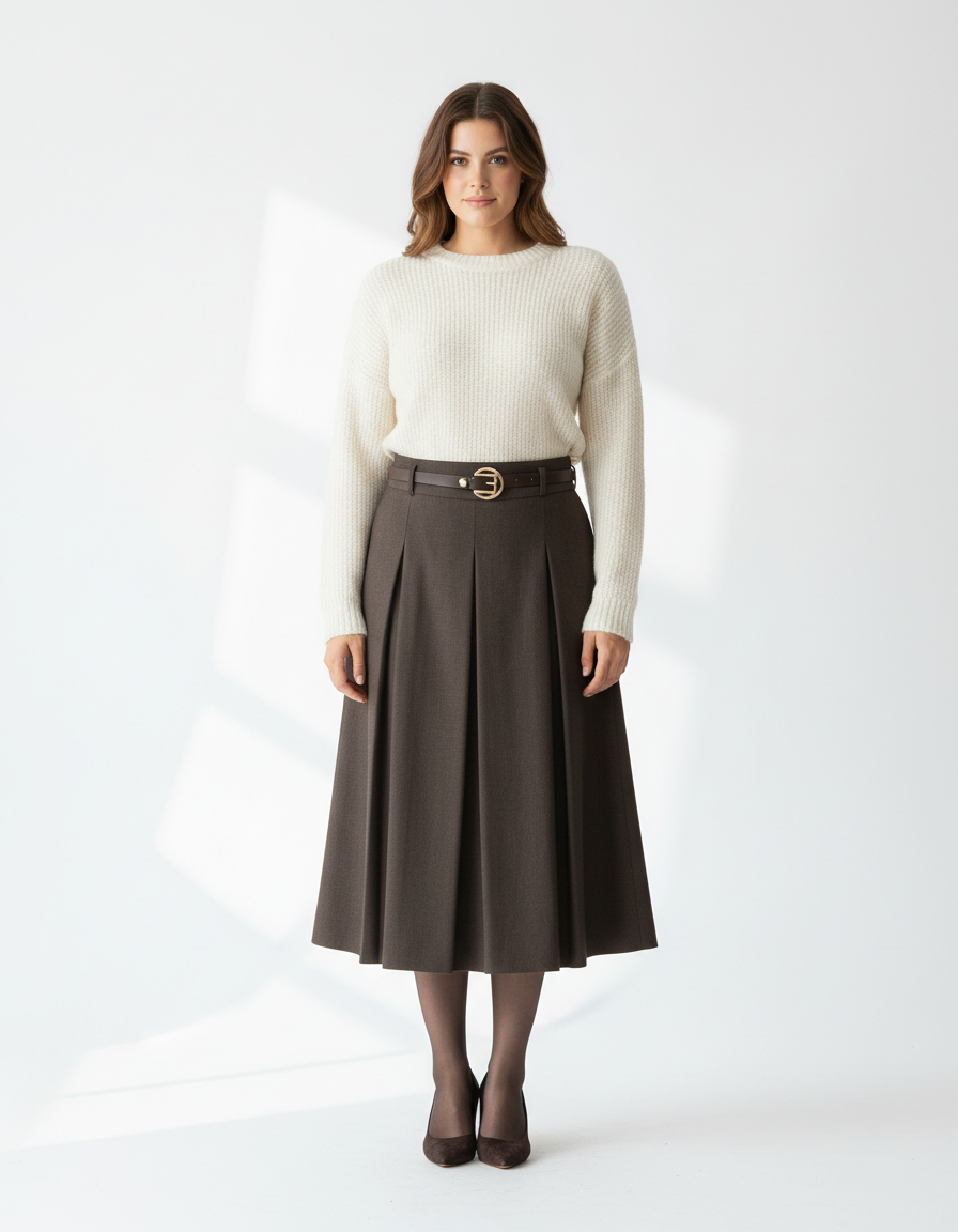 Brown Pleated Midi Skirt with Belt