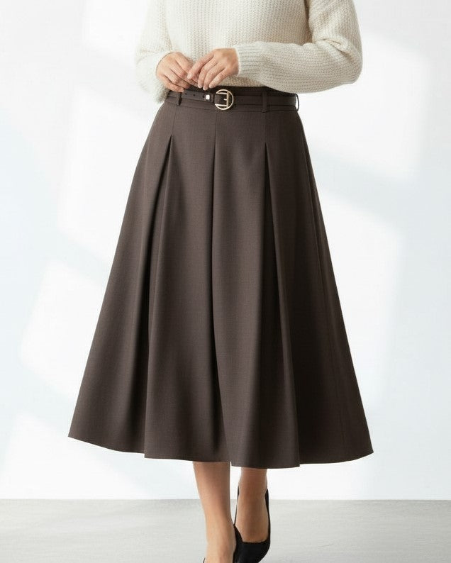 Brown Pleated Midi Skirt with Belt