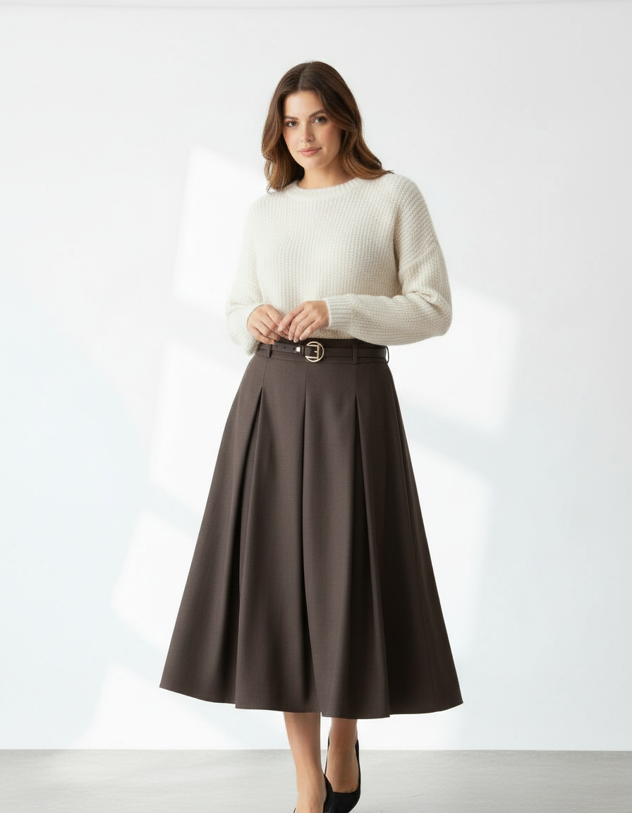 Brown Pleated Midi Skirt with Belt