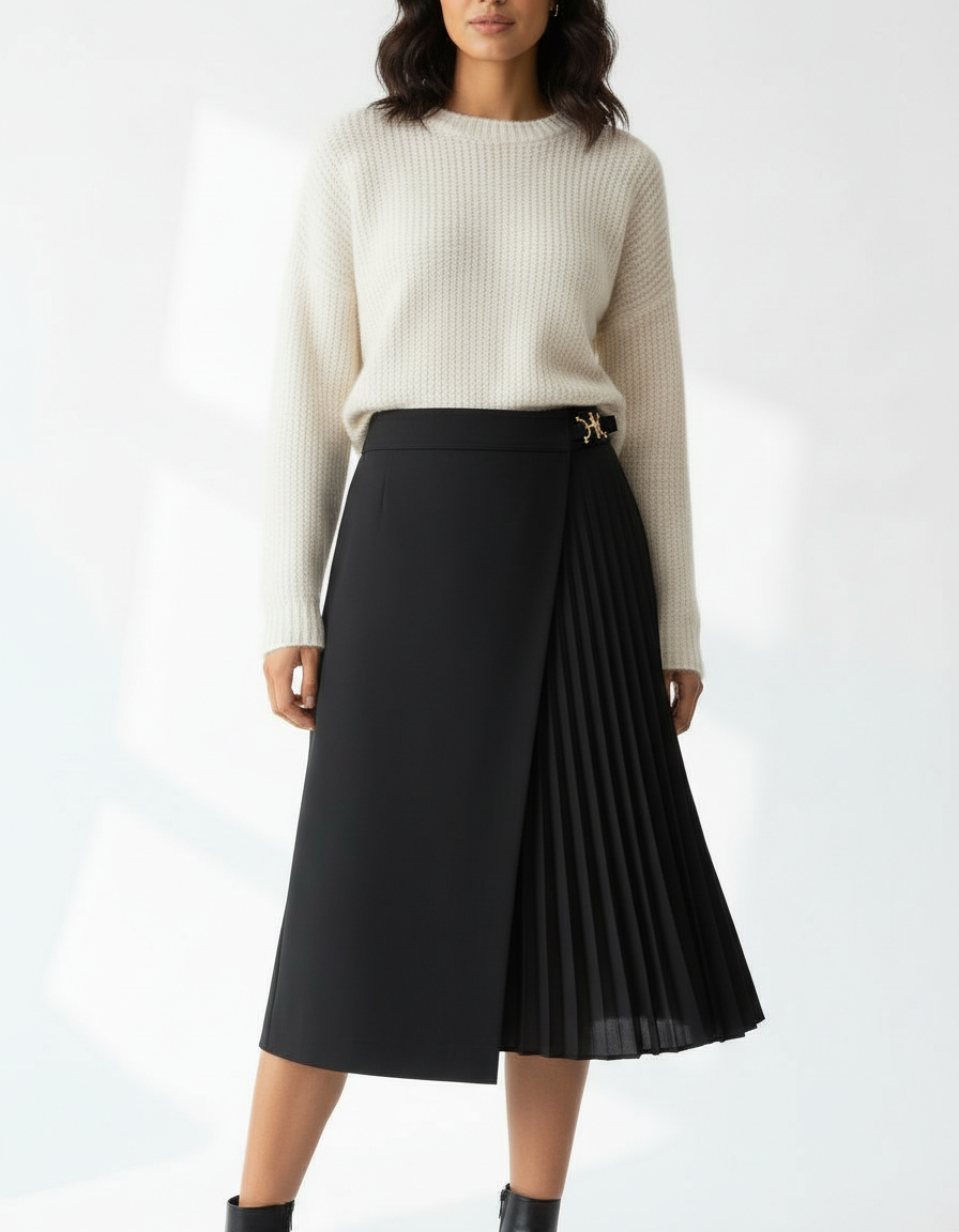 Black Pleated Wrap Midi Skirt