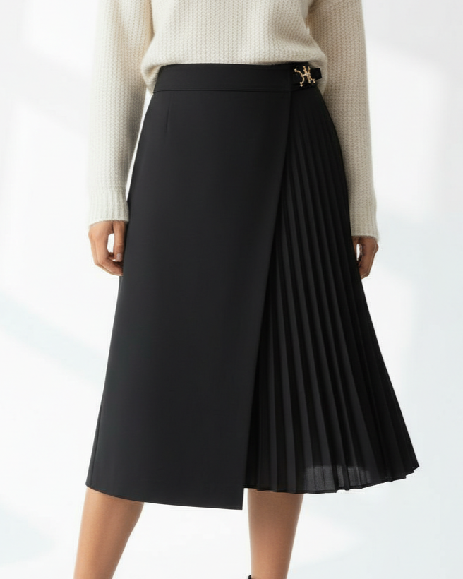 Black Pleated Wrap Midi Skirt