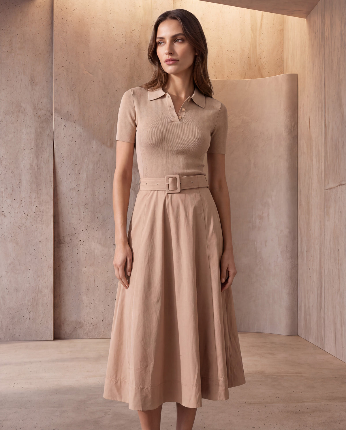 Aurore Belted Polo-Knit Midi Dress