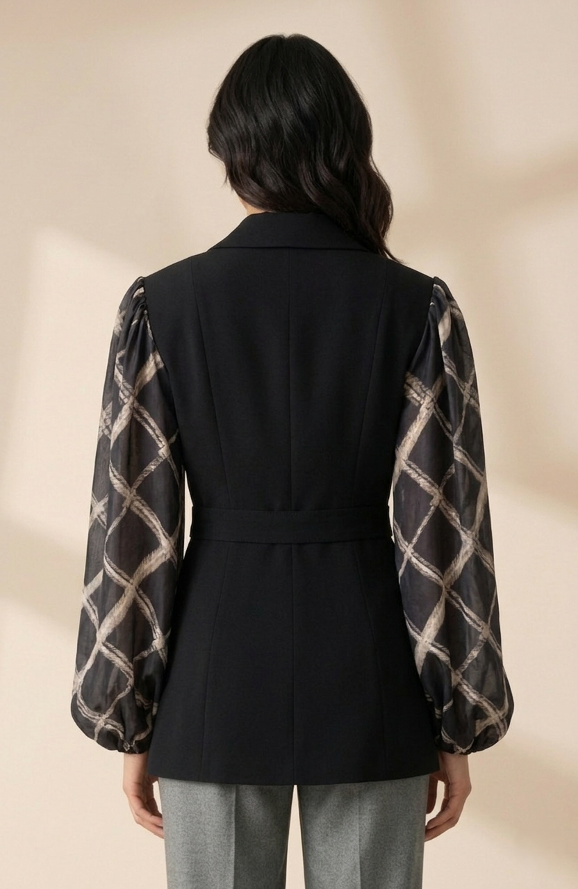 Black Tailored Blazer with Sheer Printed Sleeves