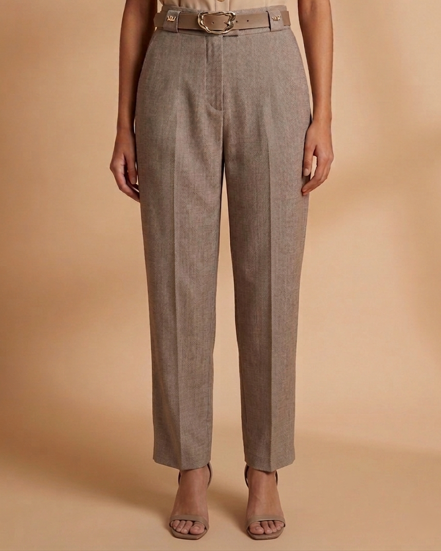 Beige Textured Wide-Leg Trousers