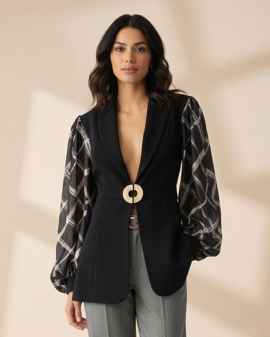 Black Tailored Blazer with Sheer Printed Sleeves