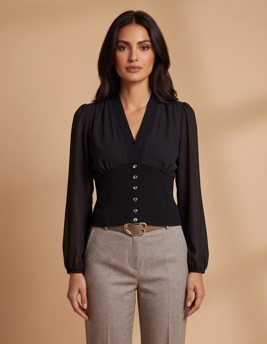 Black V-Neck Buttoned Blouse