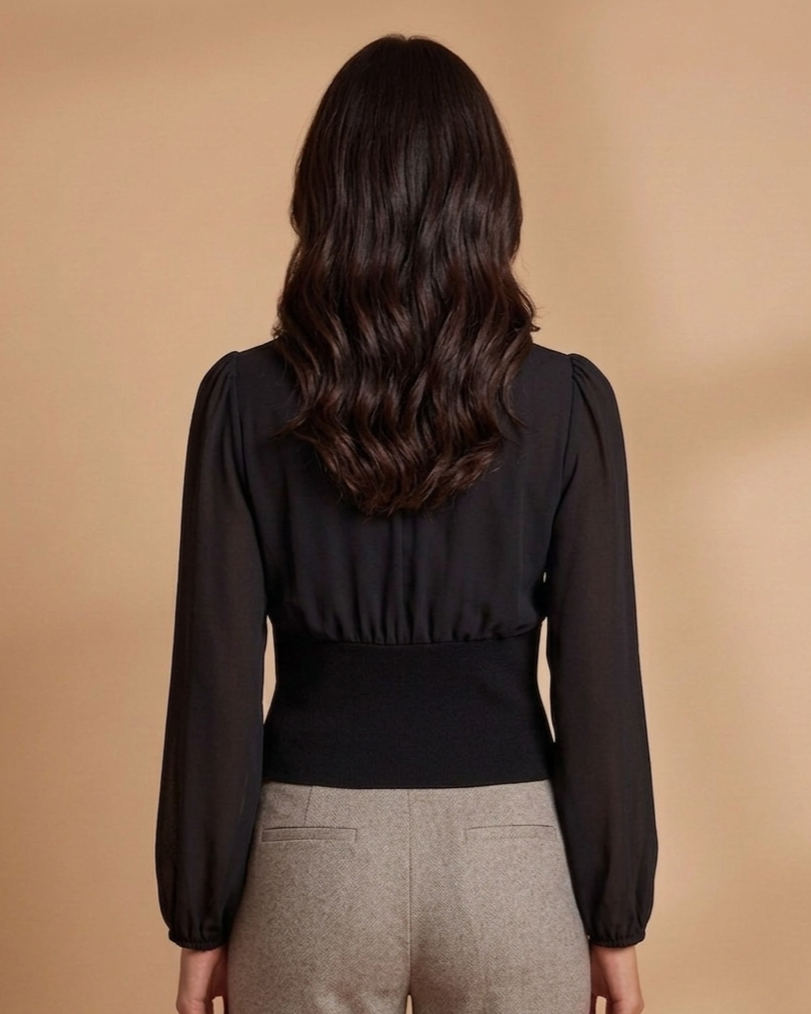 Black V-Neck Buttoned Blouse