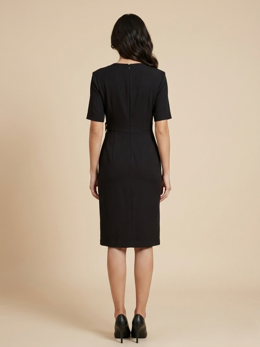 Black Midi Dress: Structured Silhouette with Draped Waist