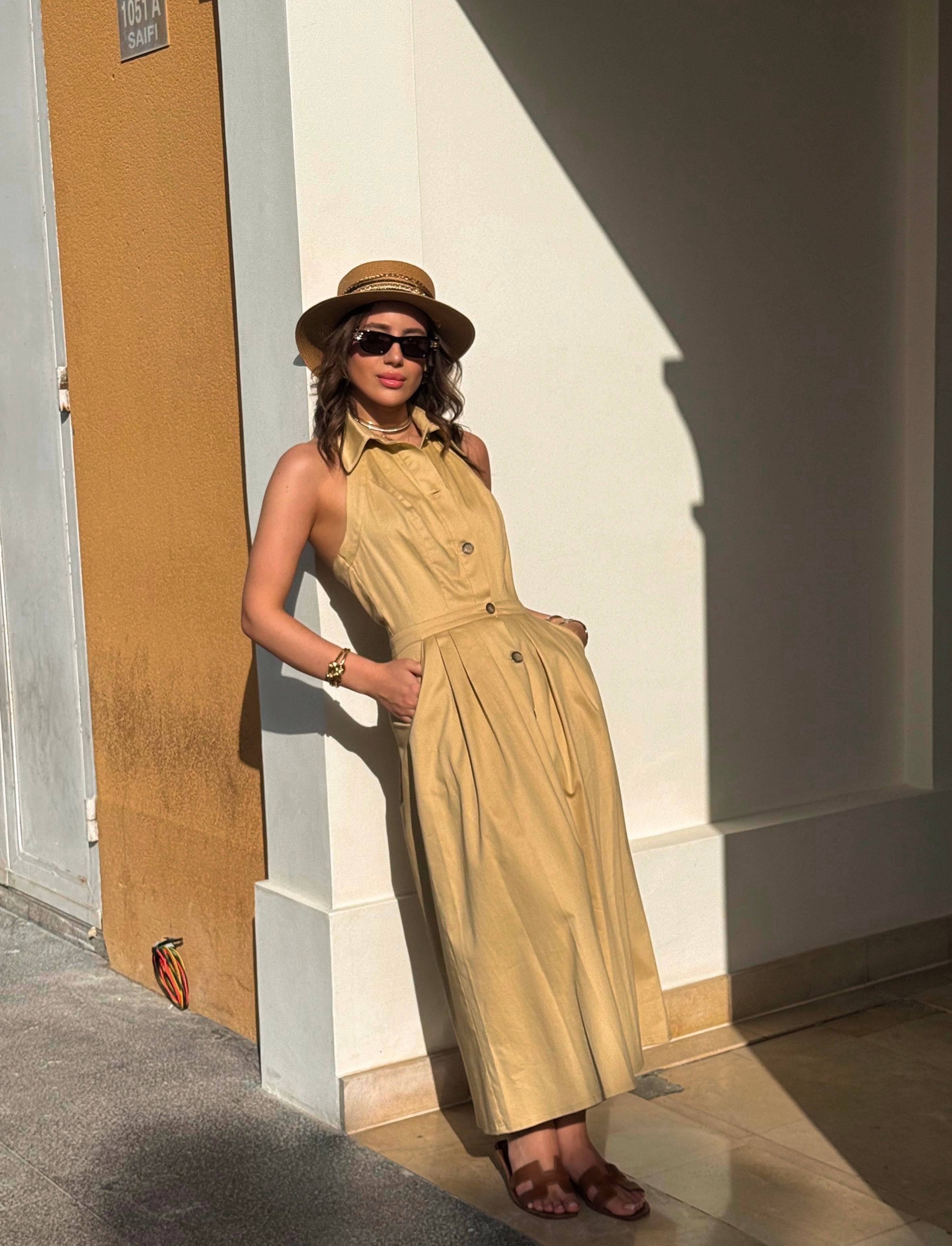Long Beige Buttoned Dress
