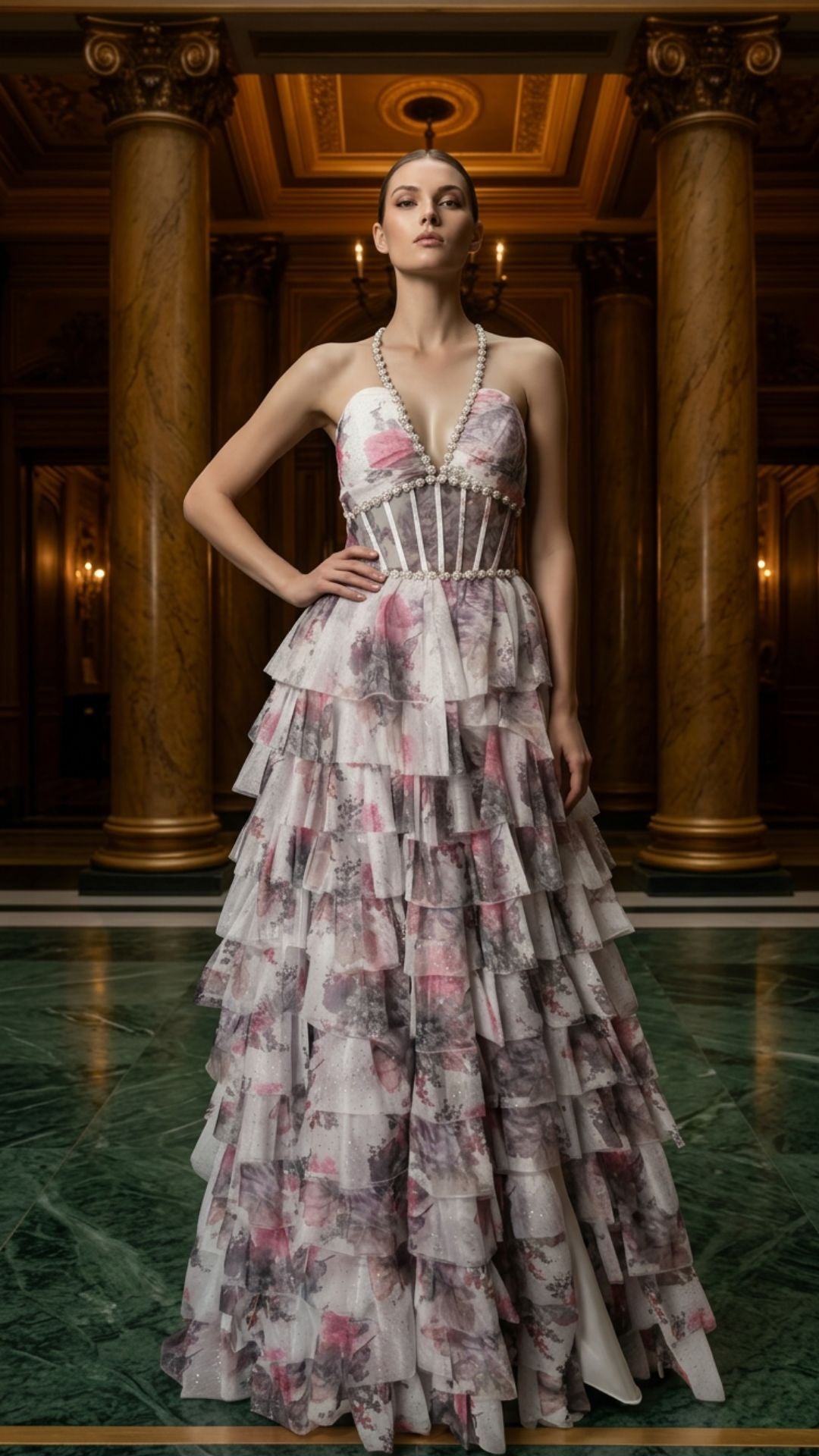 Floral Tiered Evening Gown