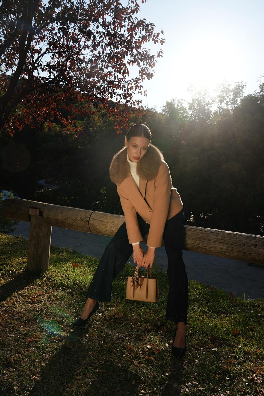 Camel Tailored Blazer with Faux Fur Collar