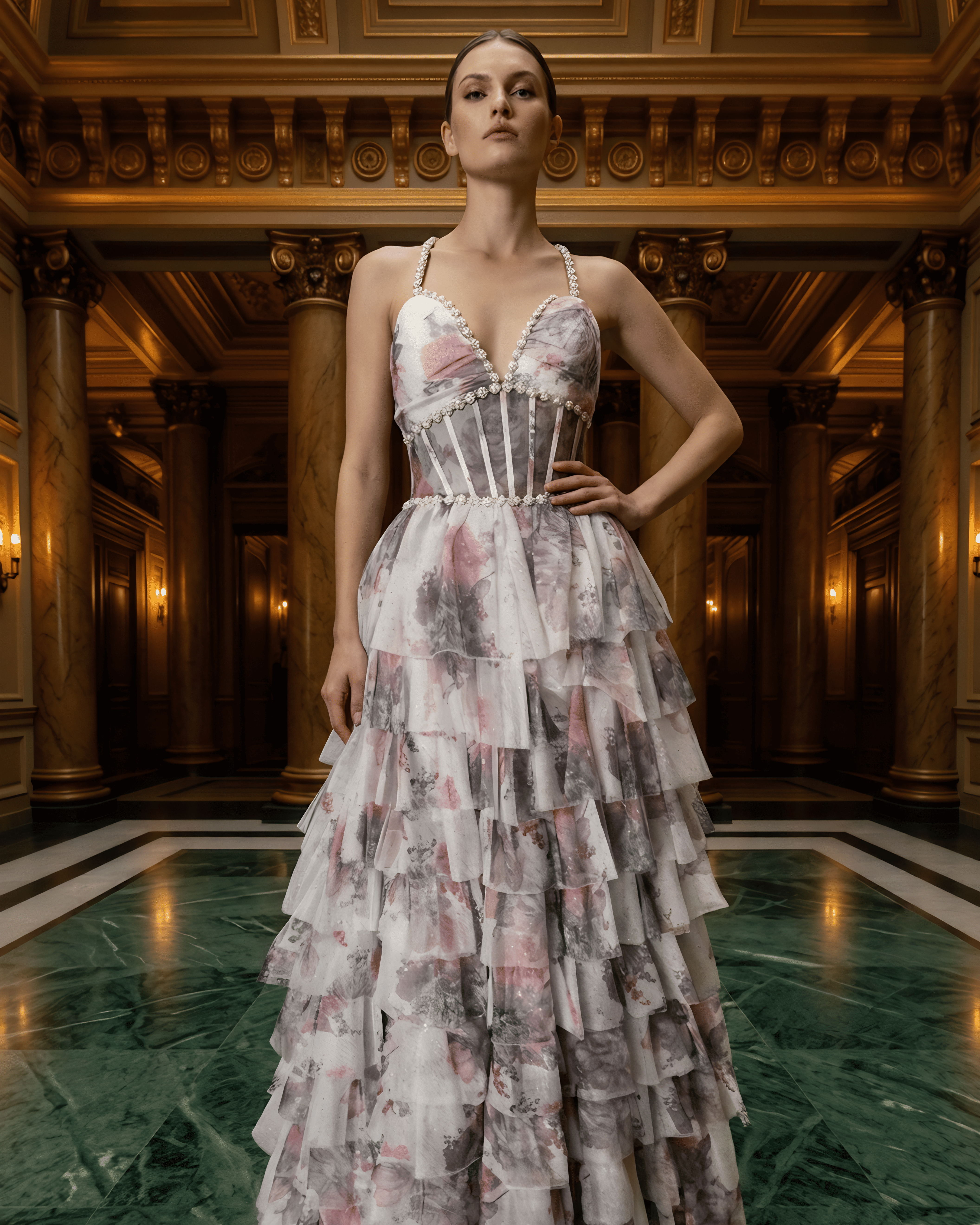 Floral Tiered Evening Gown