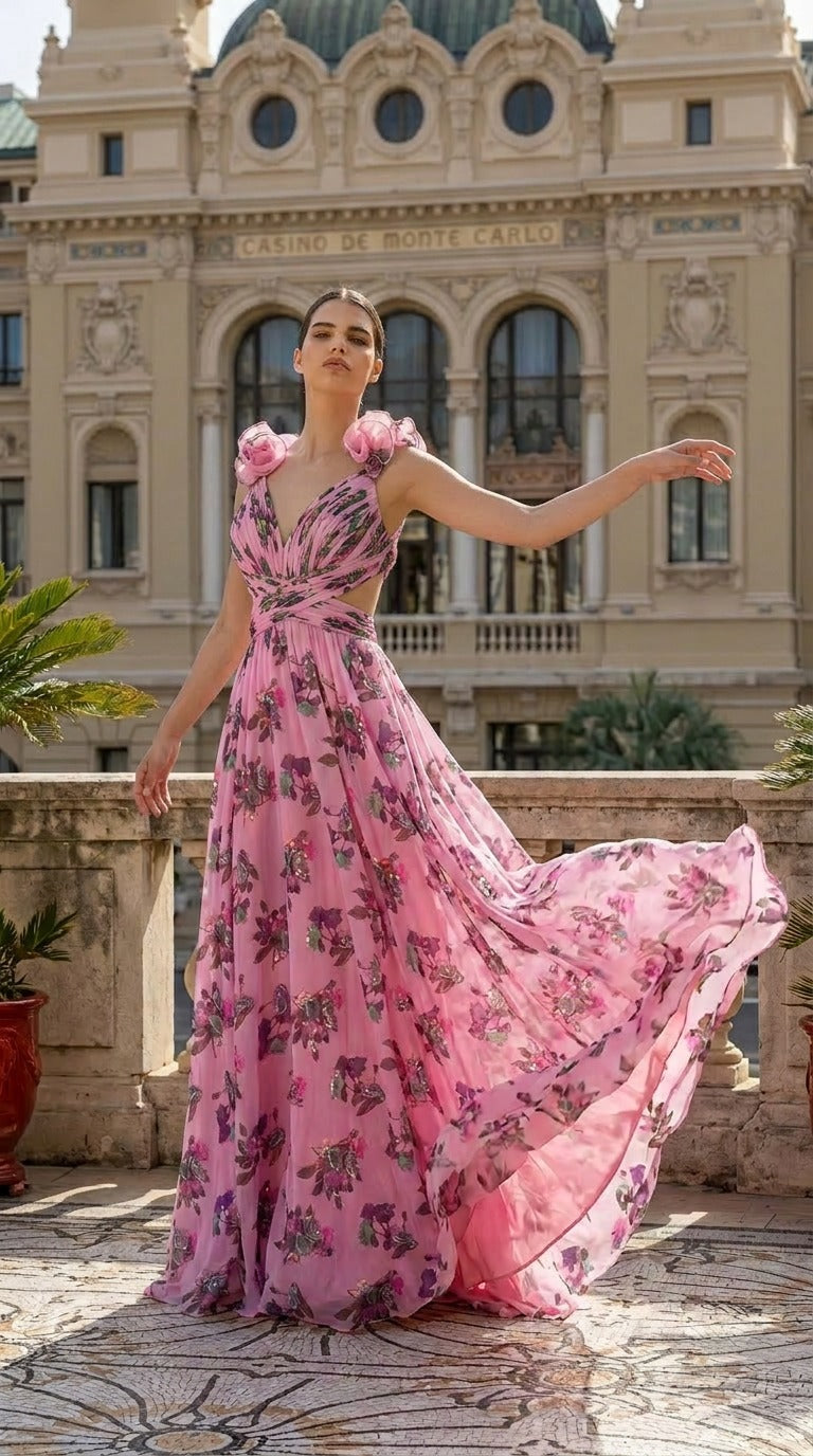 Backless Floral Evening Gown