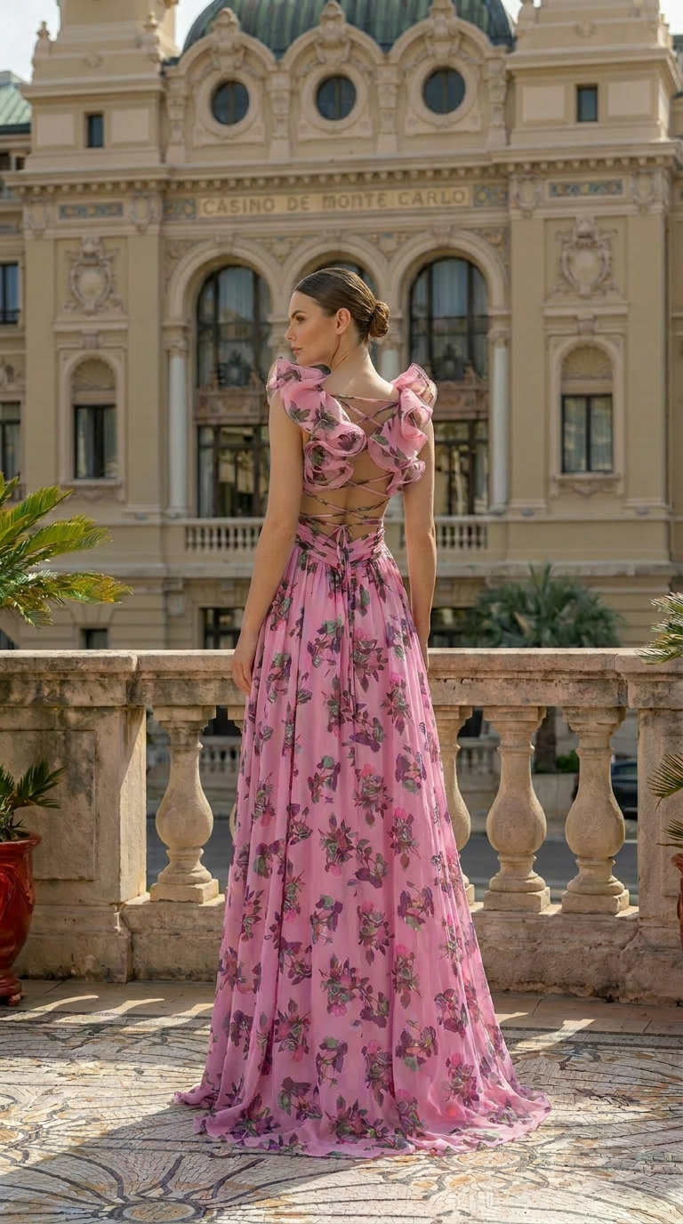 Backless Floral Evening Gown