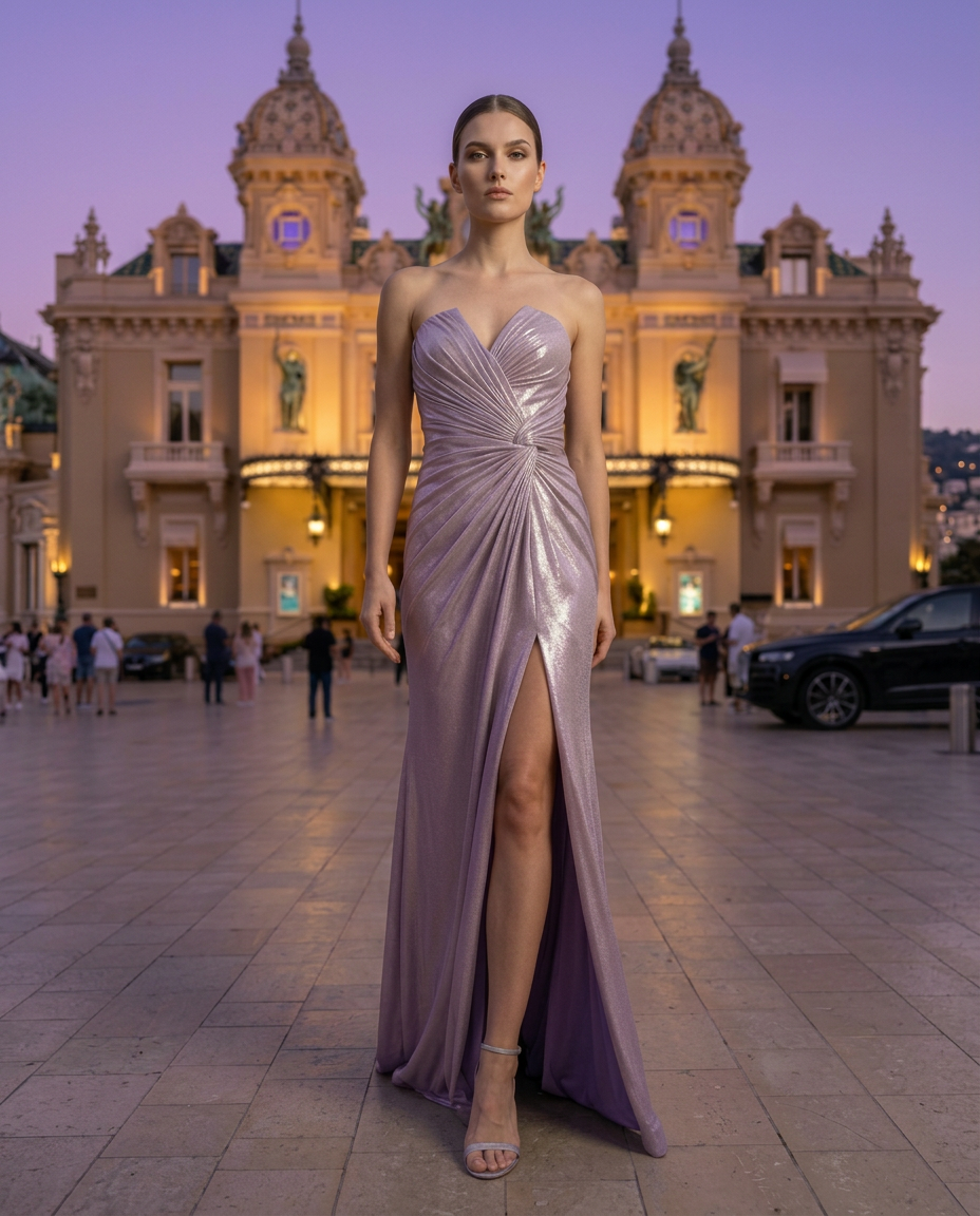 Lilac Shimmer Couture Evening Gown with Front Split