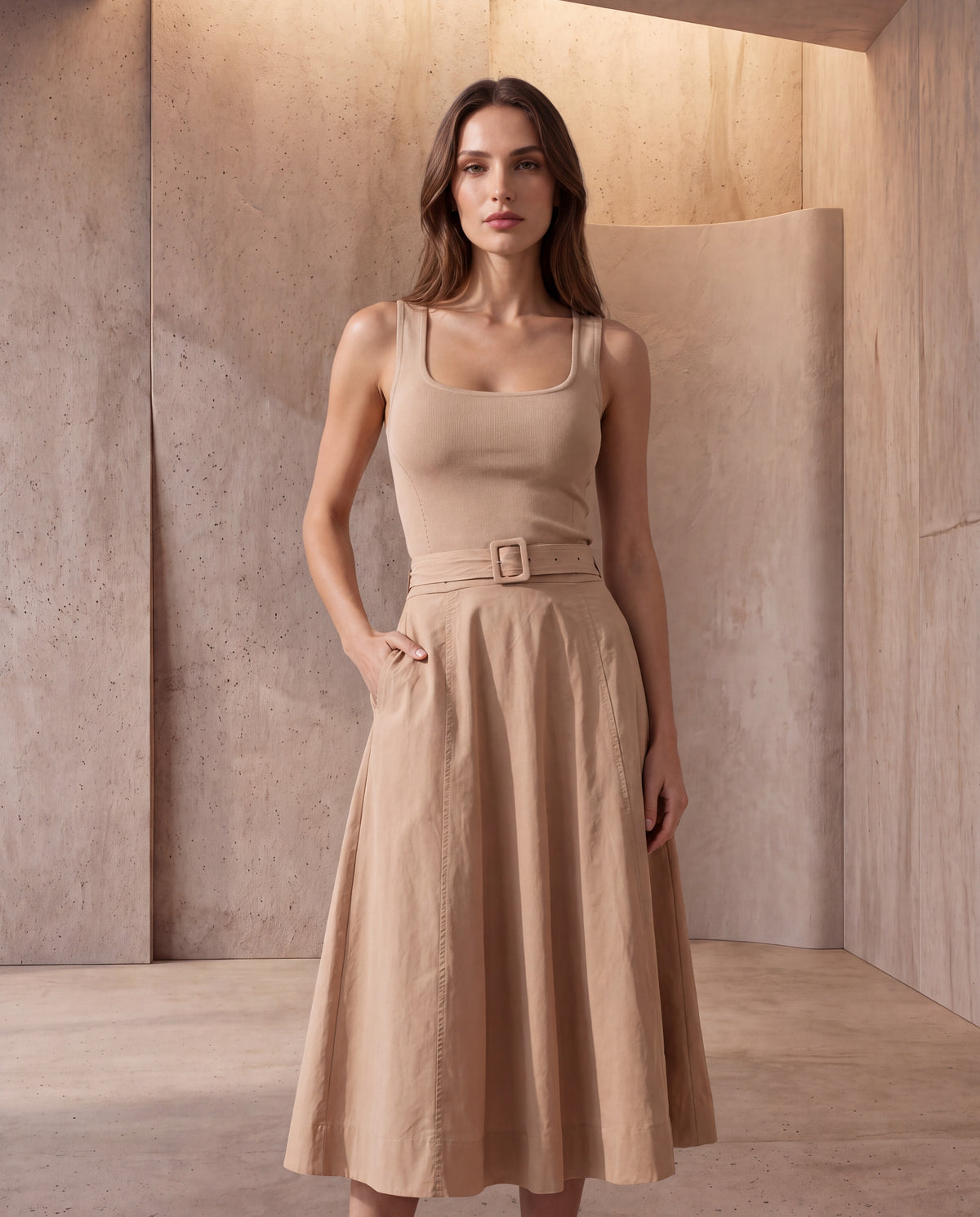 Aurore Belted Square-Neck Midi Dress