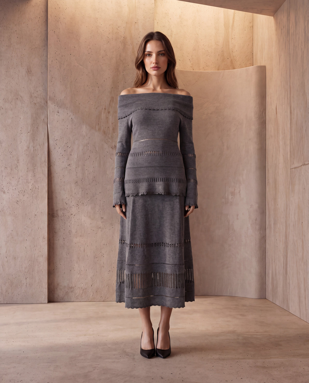 Camille Off-Shoulder Pointelle Wool Blend Knit Set