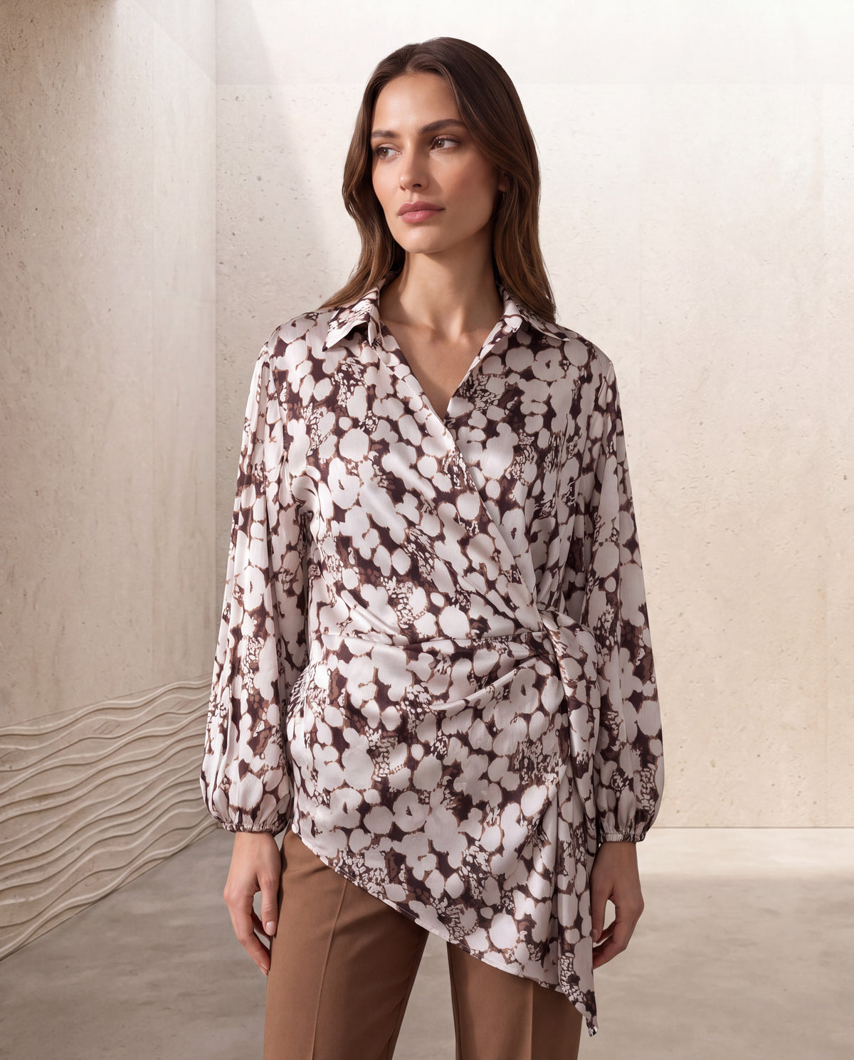 Abstract Print Tie-Waist Wrap Blouse