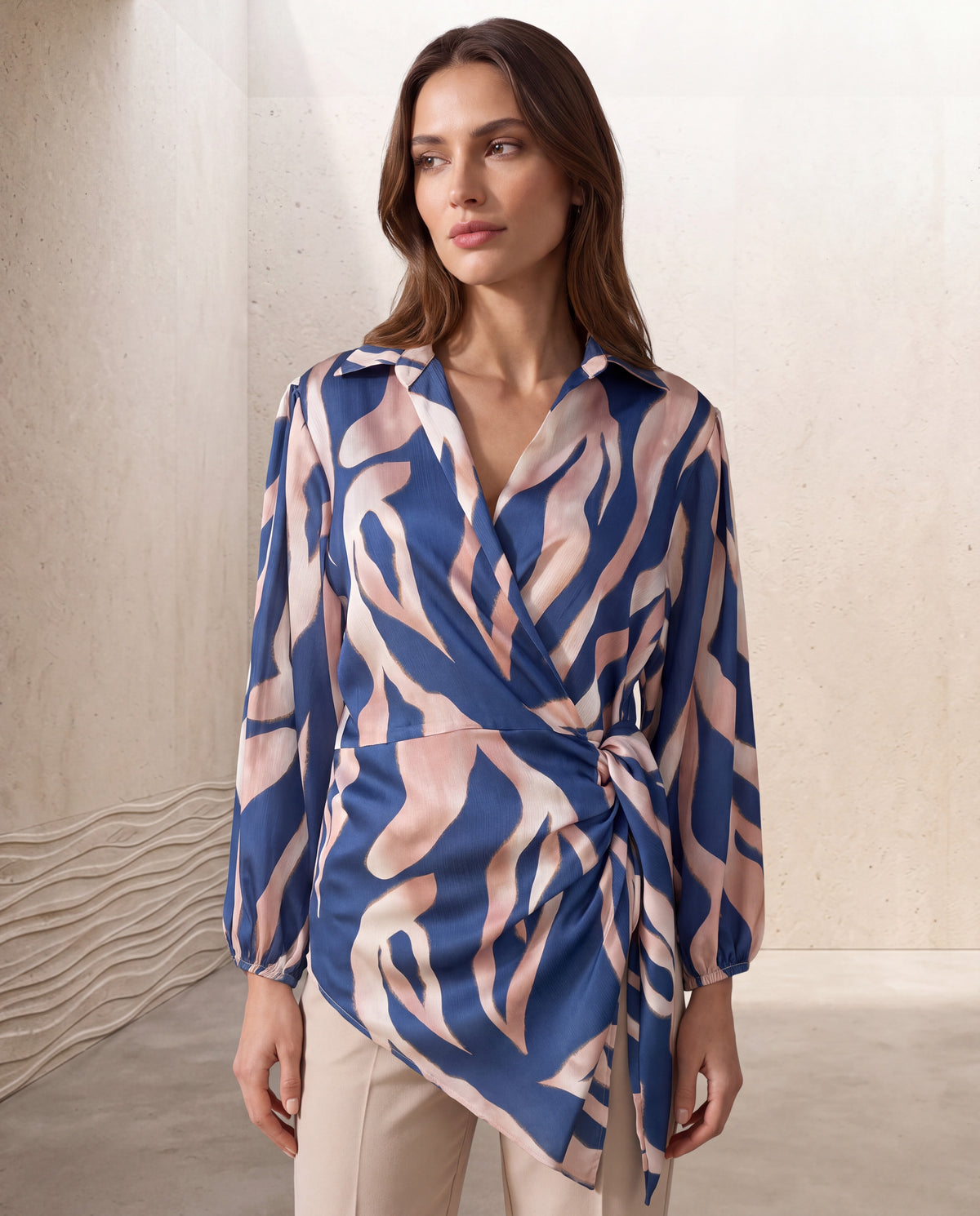 Abstract Print Tie-Waist Wrap Blouse