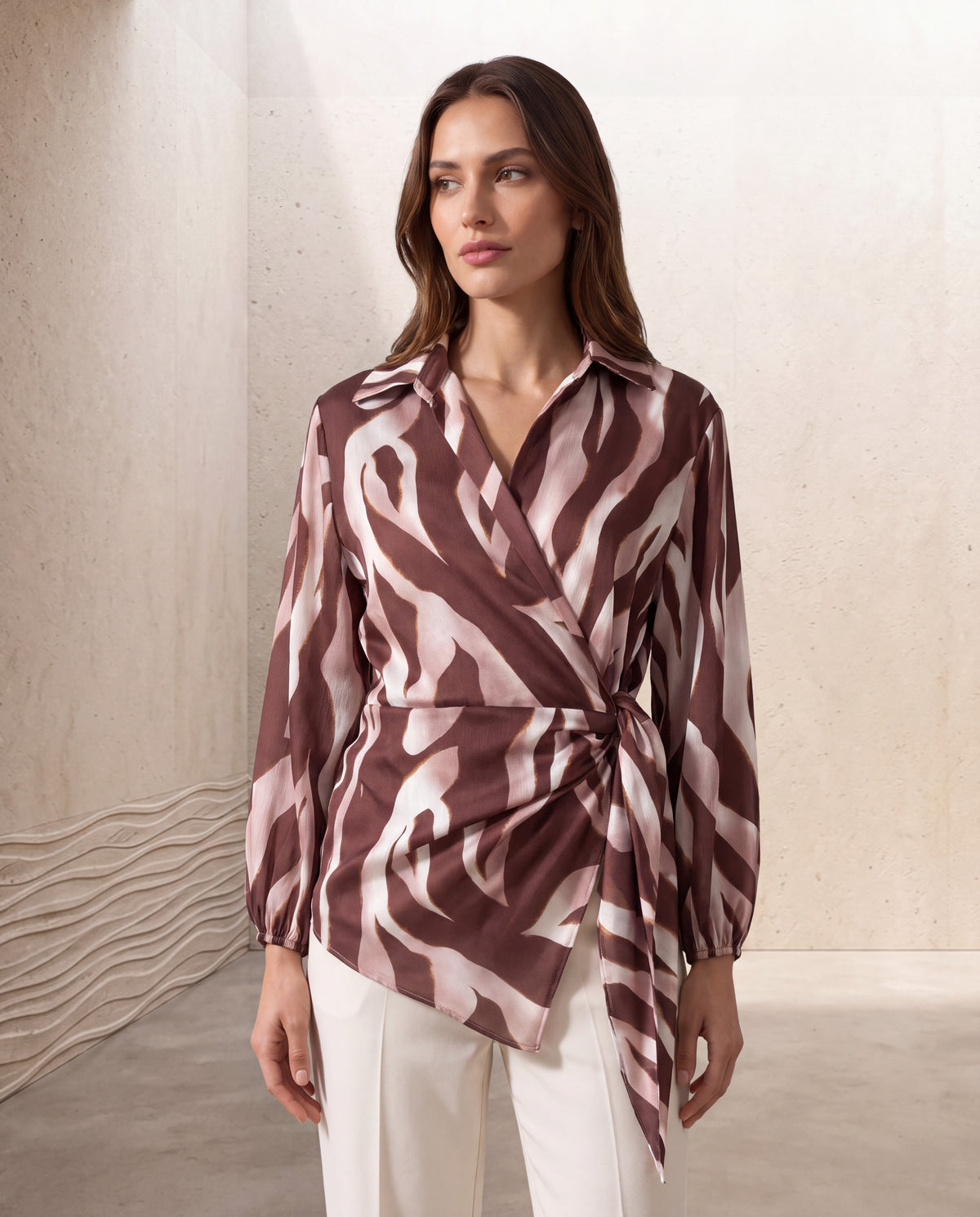 Abstract Print Tie-Waist Wrap Blouse