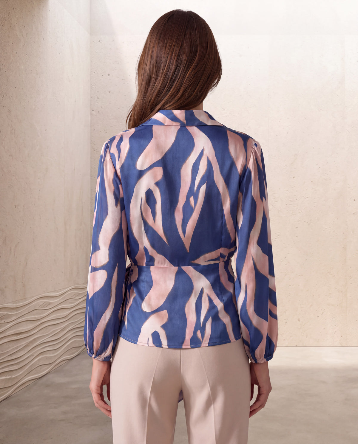 Abstract Print Tie-Waist Wrap Blouse