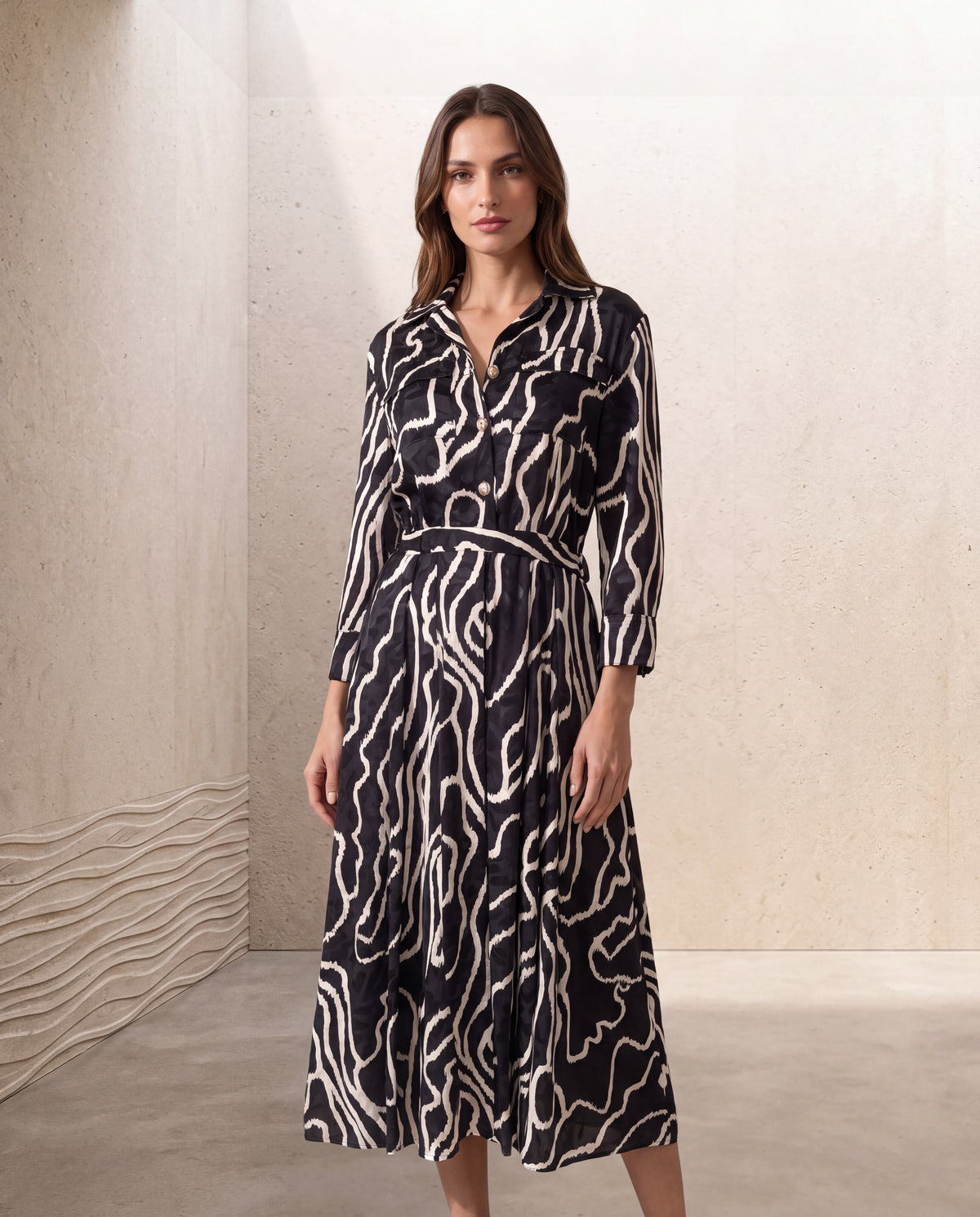 Abstract Print Belted Dress