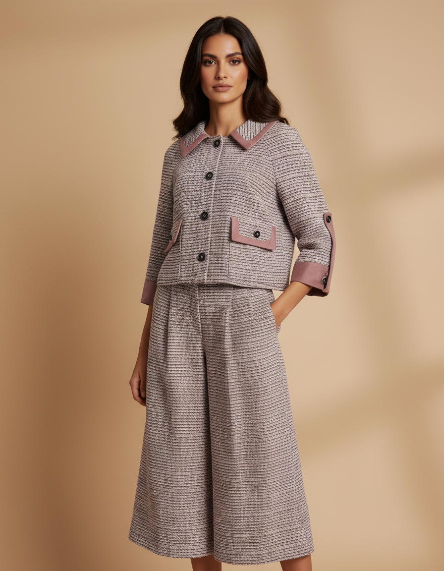 Textured Tweed Set: Cropped Jacket & Wide-Leg Pants