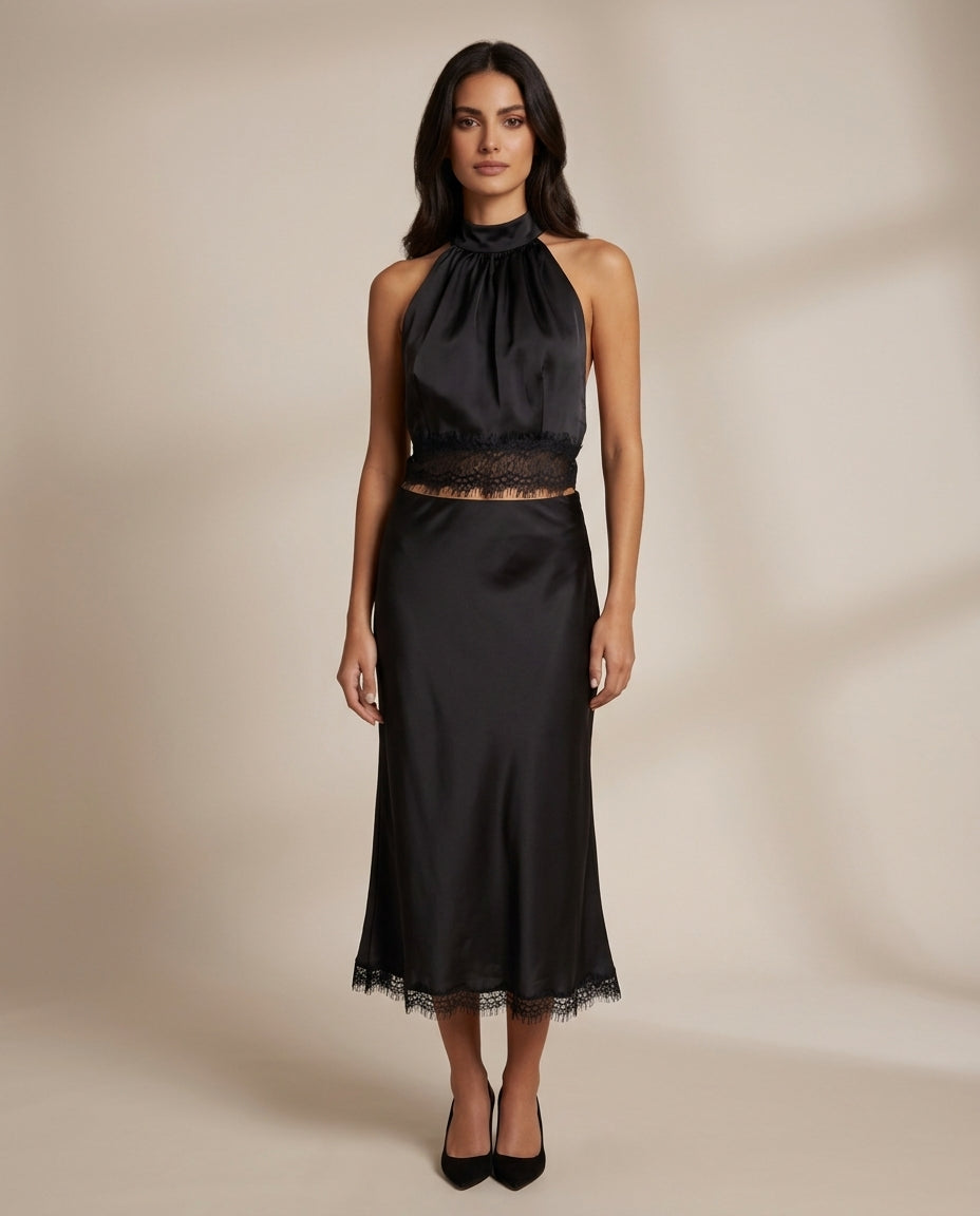 Black Satin Set: Halter Neck Top & Lace-Trim Midi Skirt