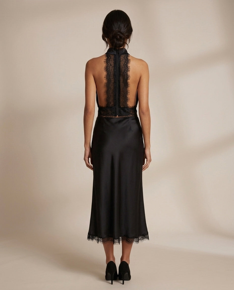 Black Satin Set: Halter Neck Top & Lace-Trim Midi Skirt