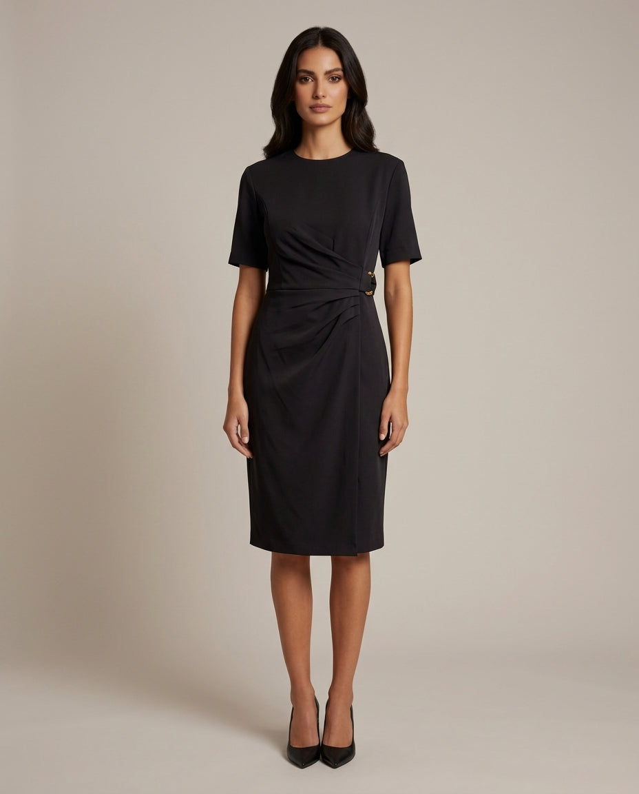 Black Midi Dress: Structured Silhouette with Draped Waist