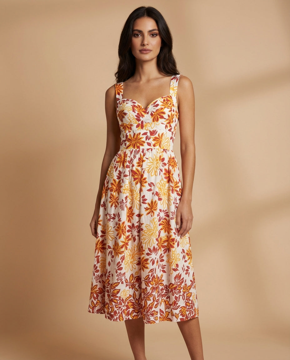Woman wearing a floral dress on a beige background